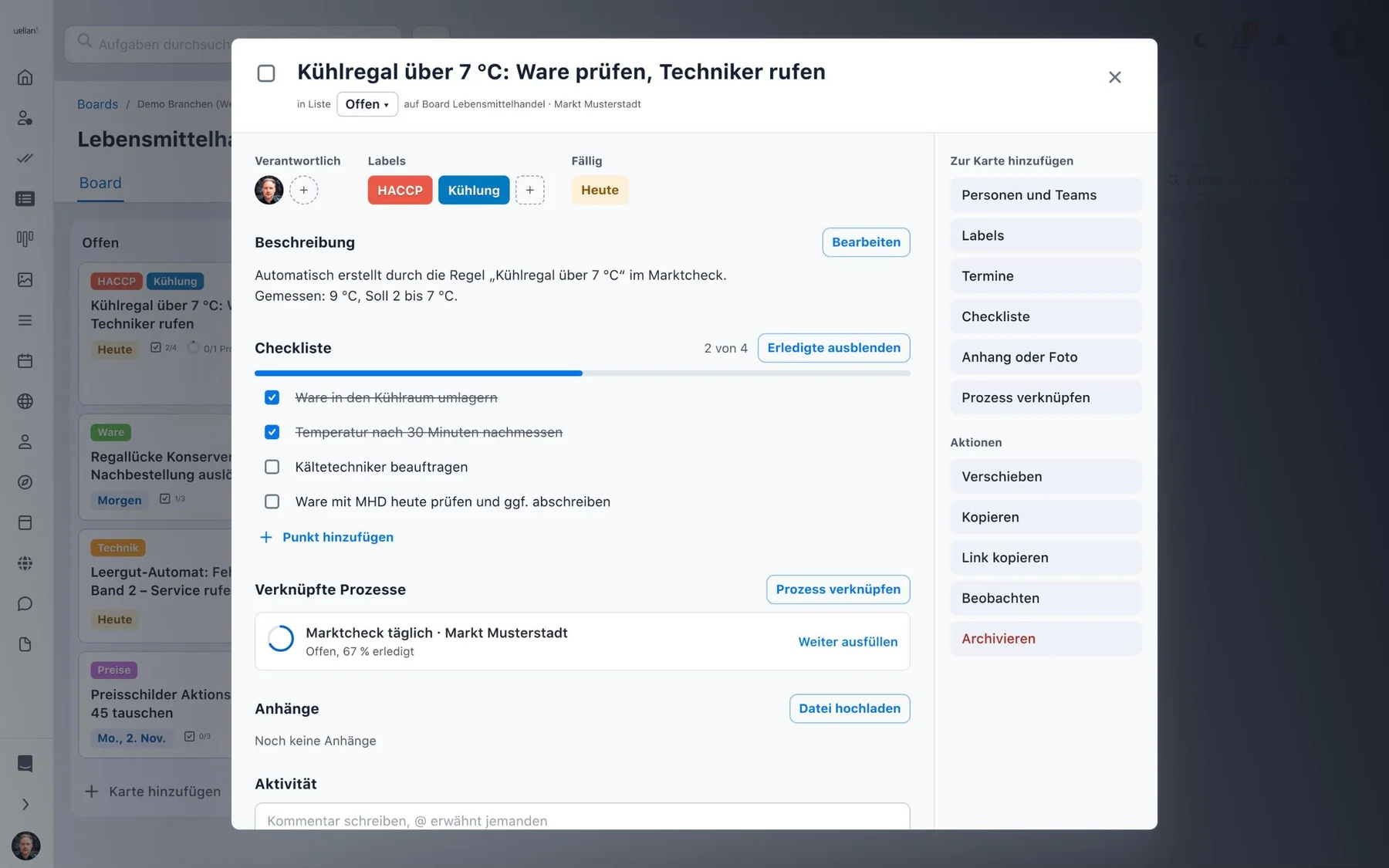 alphaprocess: Karte mit Checkliste und verknüpftem Prozess